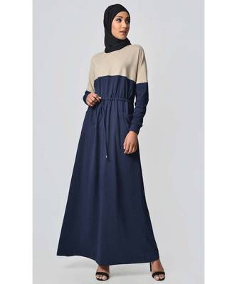 Women's Contrast colorblocked Sand Jersey Abaya dress for Travel Sand and Navy 1