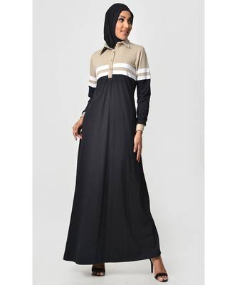 Women's Contrast colorblocked Sportswear Jersey Abaya dress Sand and Black 1