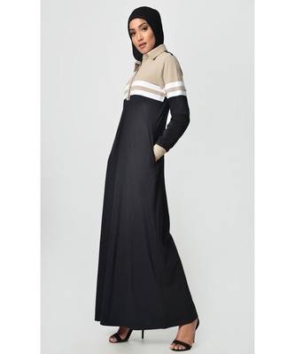 Women's Contrast colorblocked Sportswear Jersey Abaya dress Sand and Black 2