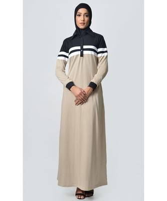 Women's Contrast colorblocked Sportswear Jersey Abaya dress Black and Sand 1