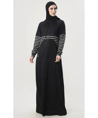 Women's Hooded Sportswear Jersey Abaya dress for Travel Black 1