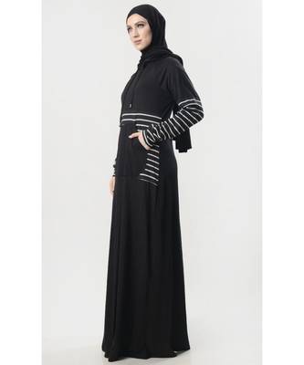 Women's Hooded Sportswear Jersey Abaya dress for Travel Black 2
