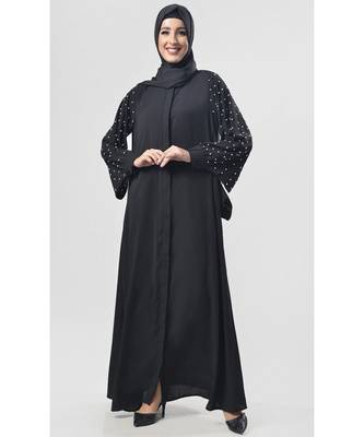 Women's Pearl embedded front open Abaya dress Black 1