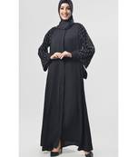 Women's Pearl embedded front open Abaya dress Black
