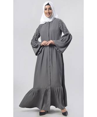 Women's Pearl embedded front open Abaya dress Grey 1