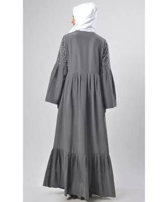 Women's Pearl embedded front open Abaya dress Grey 2