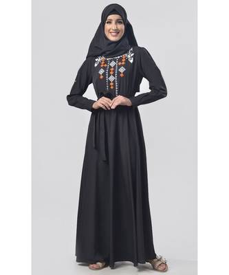 Women's Embroidered flared Crepe Abaya dress with Belt 1