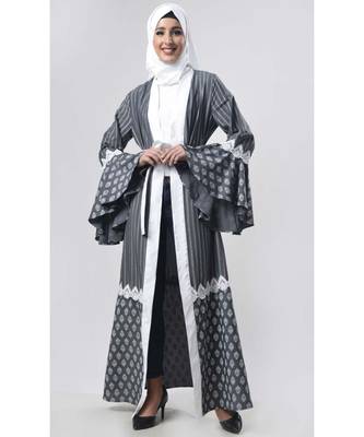 Women's Grey crepe Bell sleeves laced Partywear Abaya Shrug 1