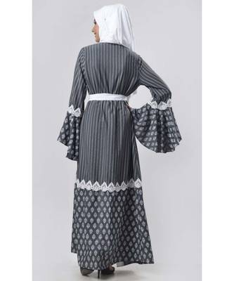 Women's Grey crepe Bell sleeves laced Partywear Abaya Shrug 2