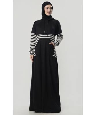 Black Hooded cotton jersey stripes Abaya dress for outwear 1