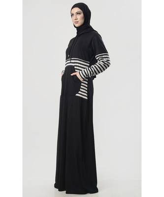 Black Hooded cotton jersey stripes Abaya dress for outwear 2