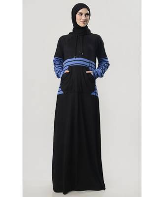 Black Hooded cotton jersey stripes Abaya dress for outwear 1