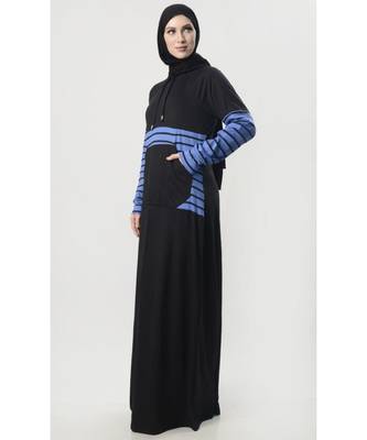 Black Hooded cotton jersey stripes Abaya dress for outwear 2