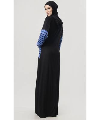 Black Hooded cotton jersey stripes Abaya dress for outwear 3