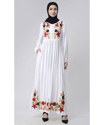 Contrast color floral embroidered A line abaya dress 1