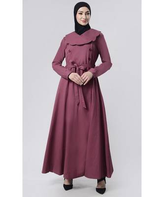 Front flap shawl neck style outwear wine cotton jacket abaya dress-Wine 1