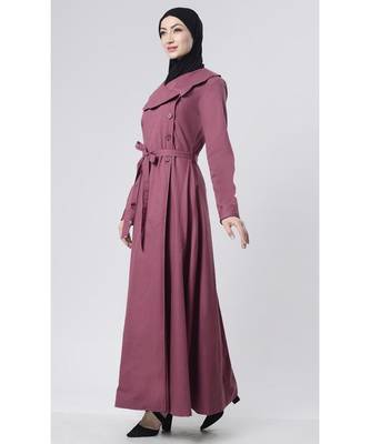 Front flap shawl neck style outwear wine cotton jacket abaya dress-Wine 2