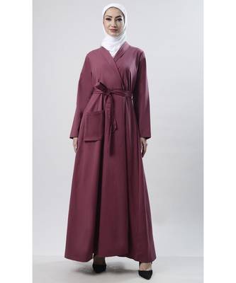 Women's simple everyday shawl collar flap style outwear jacket abaya dress-Wine 1