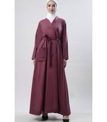 Women's simple everyday shawl collar flap style outwear jacket abaya dress-Wine