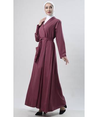 Women's simple everyday shawl collar flap style outwear jacket abaya dress-Wine 2