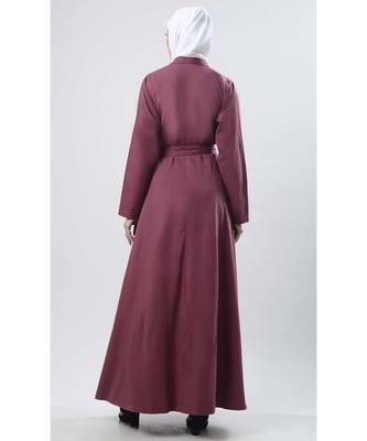 Women's simple everyday shawl collar flap style outwear jacket abaya dress-Wine 3
