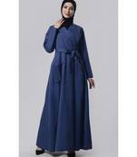Women's simple everyday shawl collar flap style outwear jacket abaya dress-Navy
