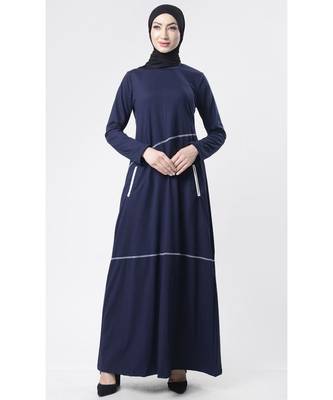 Women's Round neck piping detailing A line maxi abaya dress-Navy 1