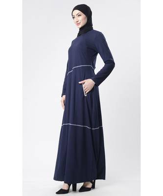 Women's Round neck piping detailing A line maxi abaya dress-Navy 2