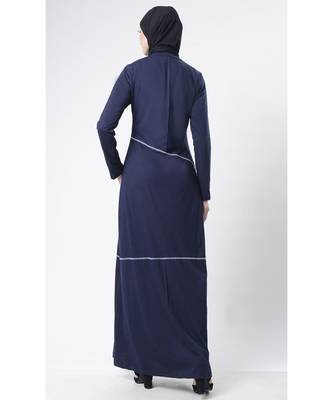 Women's Round neck piping detailing A line maxi abaya dress-Navy 3