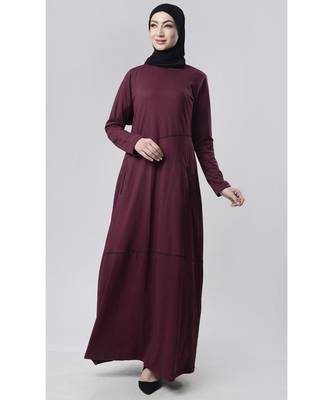 Women's Round neck piping detailing A line maxi abaya dress-Wine 1