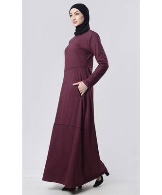 Women's Round neck piping detailing A line maxi abaya dress-Wine 2