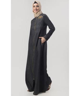 Women's Denim Jacket style Abaya dress for Winters Black 2