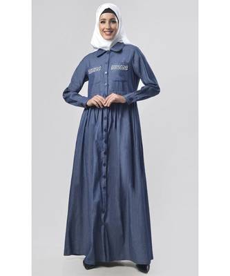 Women's Denim Pleated panel everyday Abaya for winters 1