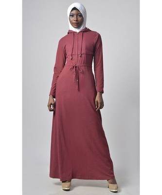 Women's Drawstring Jersey Hooded Abaya Wine 1
