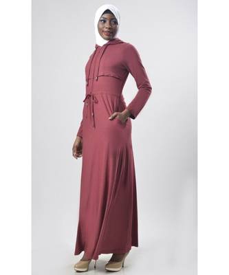 Women's Drawstring Jersey Hooded Abaya Wine 2