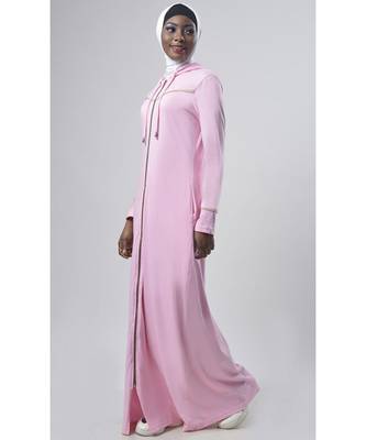 Women's Drawstring Jersey Hooded Abaya Light Pink 2