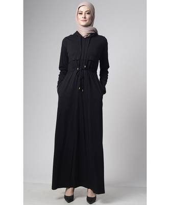 Women's Drawstring Jersey Hooded Abaya Black 1