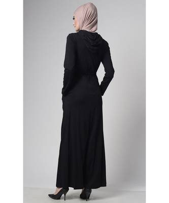 Women's Drawstring Jersey Hooded Abaya Black 3