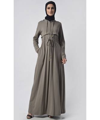 Women's Drawstring Jersey Hooded Abaya Grey 1