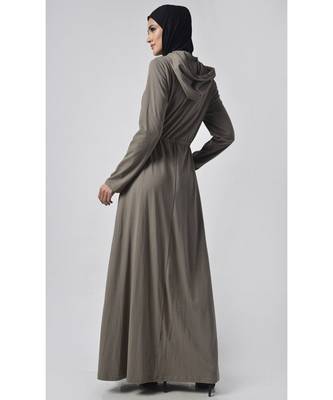 Women's Drawstring Jersey Hooded Abaya Grey 3