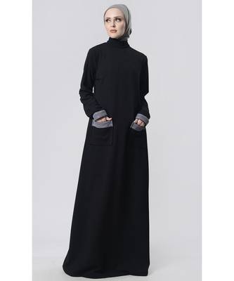Turtleneck front pocket style Abaya dress Black 1