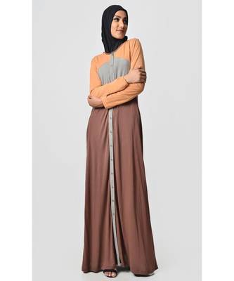 Women's Casual everyday jersey front opening Abaya dress Brown 1