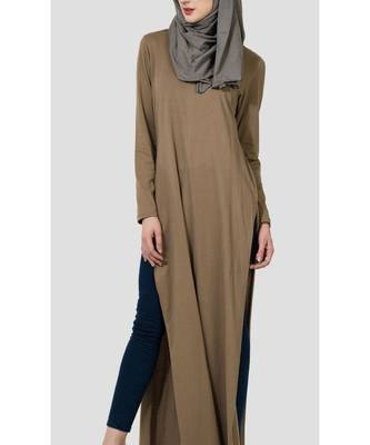 Women's Side slit Long jersey Tunic Sand 1