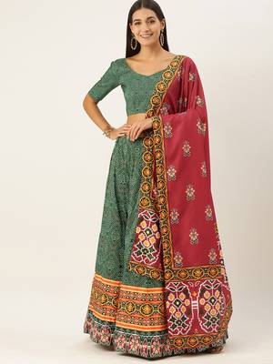 Green Printed Semi-Stitched Lehenga & Unstitched Blouse With Dupatta 1