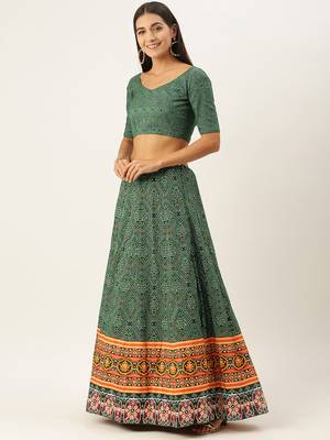 Green Printed Semi-Stitched Lehenga & Unstitched Blouse With Dupatta 2