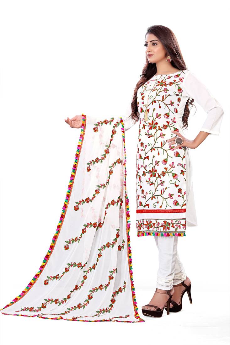 White Cotton Embriodered Unstiched Salwar Suit Materials With Bottom and Embriodered Dupatta