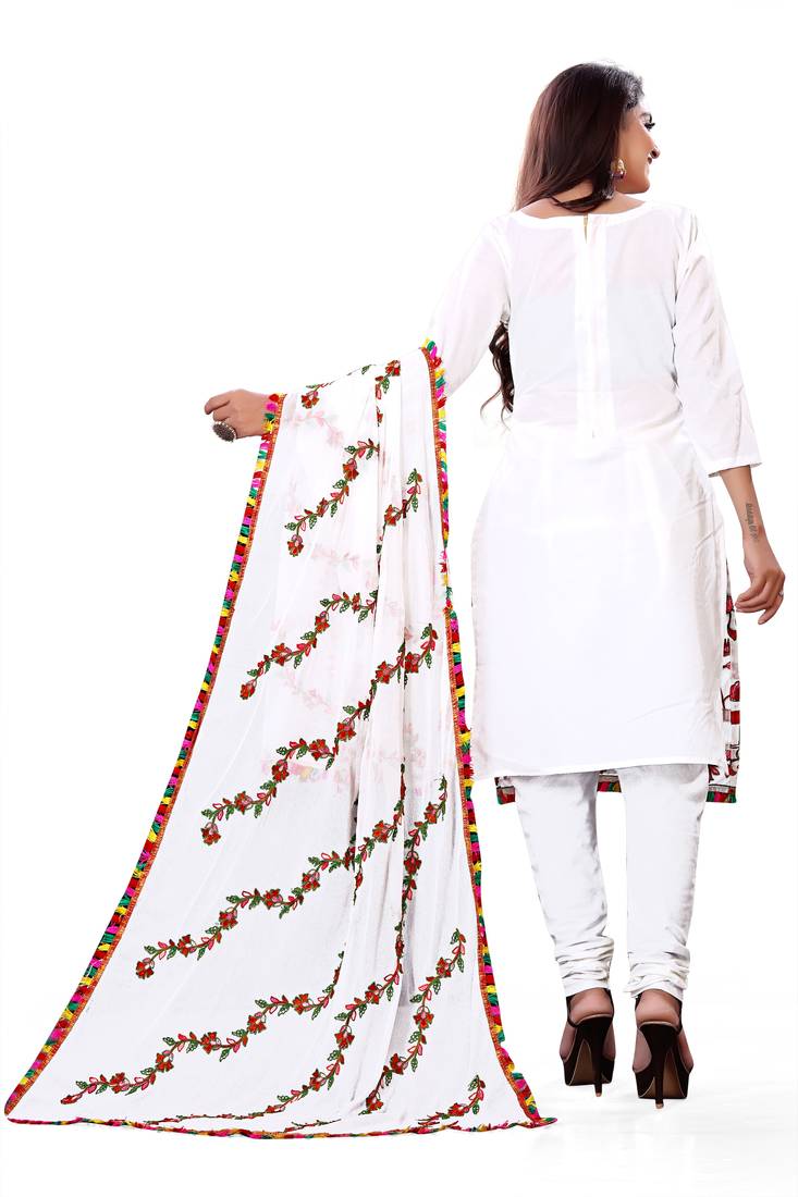 White Cotton Embriodered Unstiched Salwar Suit Materials With Bottom and Embriodered Dupatta
