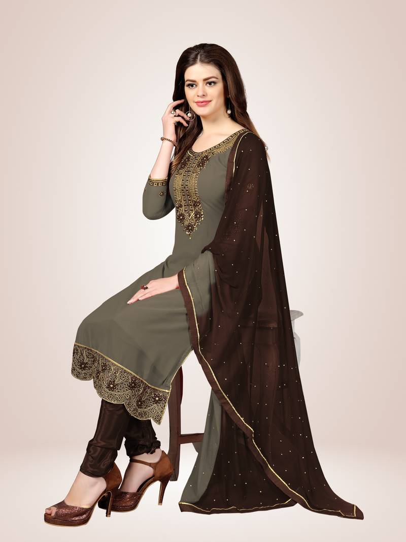 Trendmalls Grey embroidered Georgette Party Wear Kurta Pant with Dupatta Salwar Suit Set