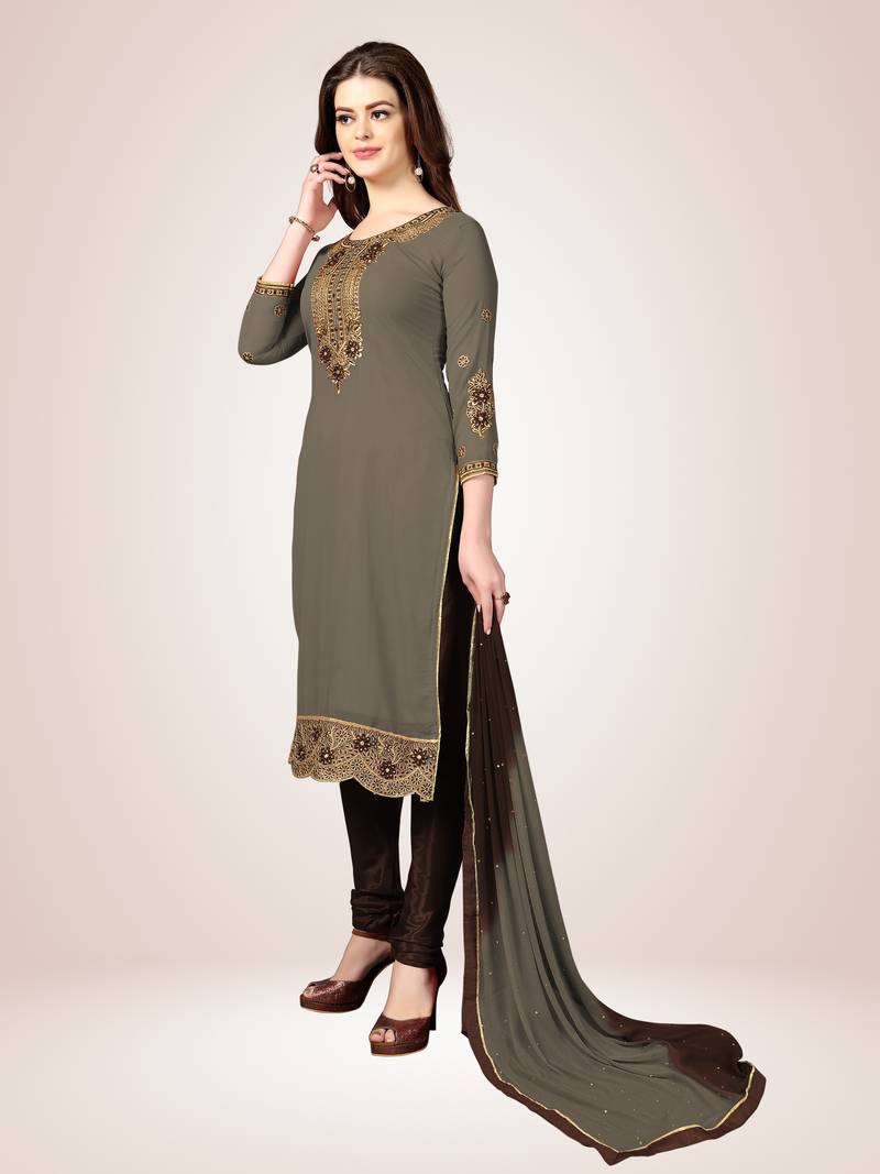 Trendmalls Grey embroidered Georgette Party Wear Kurta Pant with Dupatta Salwar Suit Set