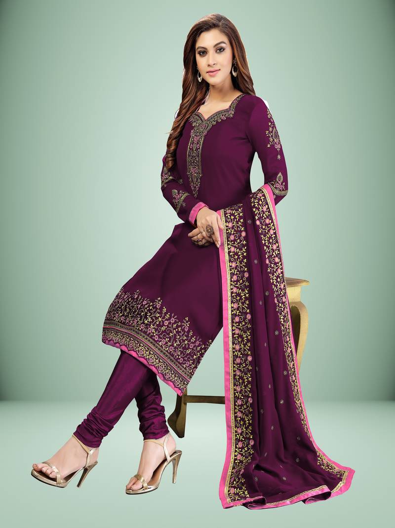 Purple embroidered Georgette Party Wear Kurta Pant with Dupatta Salwar Suit Set